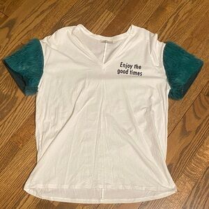 White and green slogan tee shirt